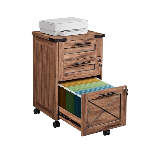 DEVAISE 3 Drawer Under Desk File Cabinet with Lock, Oak | Farmhouse Style, Mobile Drawer Storage Cabinet, Rolling Printer Stand, Fits A4 or Letter-Size, Home Office - color: Oak, style: 3 Drawer