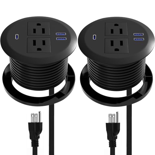 2 Pack Desktop Power Grommet,PD20W Fast Charging USB-C.3-inch Round Flush-Mount Desk Outlet,Meeoueoiu Recessed Grommet Outlet,3 USB Ports,2 AC Outlets,ETL Listed,6.5-FT Cord,Black - color: 2-Pack,Fits 3-1/8" Round Holes,Black