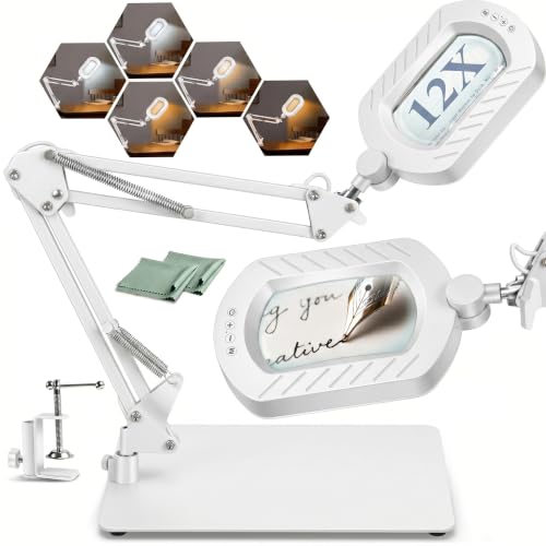 12X Square Magnifying Glass with Light and Stand with 144 LEDs Brightness, 5 Color Modes Hands Free Lighted Magnifying Glass, 10 Dimmable Brightness Magnifying Desk Lamp for Close Work Craft Reading - color: White