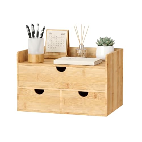 Bamboo Desk Organizer with Drawers, Desktop Storage for Office Supplies | 3 Drawers Desktop organizer, No Assembly Required, Natural Wood Wooden Desktop Drawers Box for Bills, Cosmetics, Seals, Paper - color: Nature-S1X2, size: 12.2"L x 8.66"W x 7.09"H