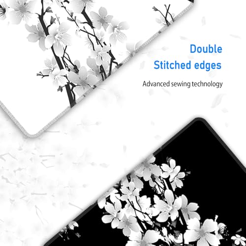 Black and White Gaming Mouse Pad,Large Life Death Desk Mat,31.5x12in | Extended Japanese Anime Cherry Blossom Mousepad with Stitched Edges,Washable Minimalist Keyboard Mat for Men,80x30 cm - color: White and Black
