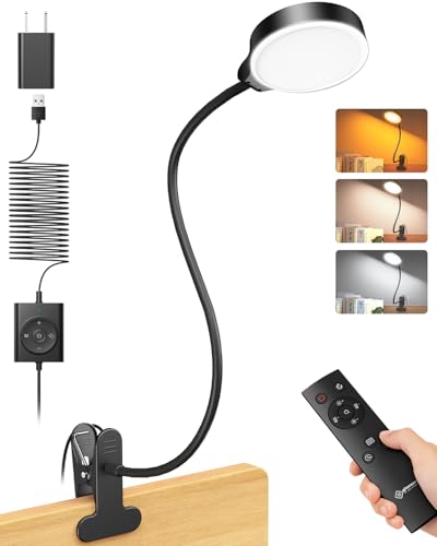 Glocusent 5W Desk Lamp with Remote, 3 Colors & 5 Brightness Reading Lights | Flexible Gooseneck Clip on Lamp, 30-Min Timer Reading Lamp, Perfect Clip on Light for Bunk,Bed,Headboard,Table,Work,Craft - color: Black with Remote