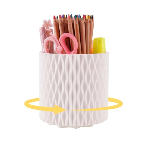 White Pen Holder for Desk, 360° Rotating Pencil Organizer, 5 Slots | Spinning multi-use organizer holds pens, makeup brushes, art supplies & markers — desk caddy for office, classroom or vanity - color: White - 5 Slots