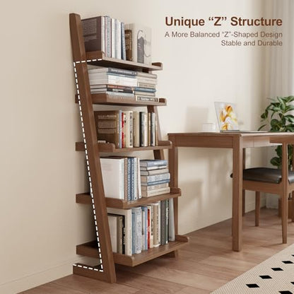 AQIMUELE Walnut Wooden Ladder Shelf with Edges, 5-Tier Modern Leaning Bookshelf Ladder – Stylish Space-Saving Bookcase for Living Room, Bedroom & Home Office - color: Walnut, size: 5-Tier