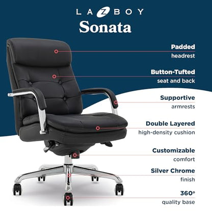 La-Z-Boy Sonata Executive Mid-Back Office Chair, Button-Tufted Seat and Back, Double-Layer Cushion, Padded Armrests, Ergonomic Computer DeskChair, Swivel Metal Base, Bonded Leather, Black/Chrome - color: Black and Chrome
