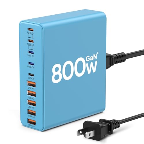 800W USB C Charger Block,10-Port Charging Station | Aexhend GaN Fast Charging Type C & USB A Wall Charger Adapter for MacBook Pro/Air,iPhone,iPad,Dell XPS,Samsung Galaxy(Blue) - color: Blue