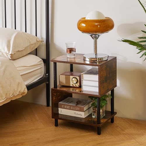 Aibiju Side Table for Bedroom, End Table Small, Mid-Century Modern Nightstand with Open Storage Shelf, Small Table Rustic Brown/Black YD-TM152H - color: Rustic Brown/Black