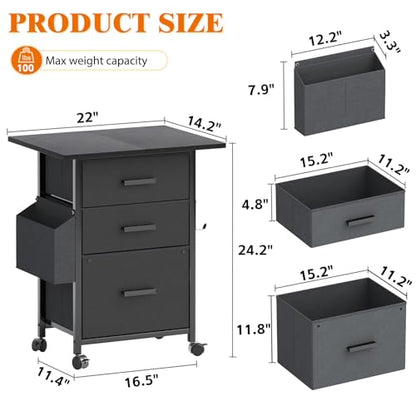 Mexin 3 Drawer File Cabinet with 22'' Extended Desktop, Mobile Filing Cabinet, Printer Stand, Rolling Printer Stand with Side Bag, Fabric Drawer, Fits A4 Size, Home Office, Black - color: Black