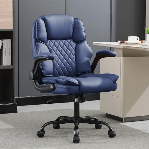 Office Desk Chair,Mid Back Executive Leather Chair,Ergonomic Home Computer Chair,Modern Conference Room Chairs with Adjustable Flip-Up Arms and Rocking Function (Navy Blue) - color: Navy Blue