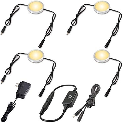 Under Cabinet LED Pucks AC120V Plug in, Touch Dimmer, 4 Lights, Warm white | Aluminum, Low Profile, Linkable Pucks, Dimmable, Easy Installation, Color Temp 2700K - color: 4 Lights,Warm white