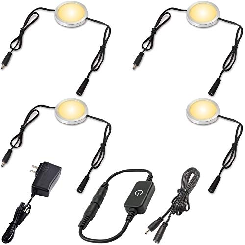 Under Cabinet LED Pucks AC120V Plug in, Touch Dimmer, 4 Lights, Warm white | Aluminum, Low Profile, Linkable Pucks, Dimmable, Easy Installation, Color Temp 2700K - color: 4 Lights,Warm white
