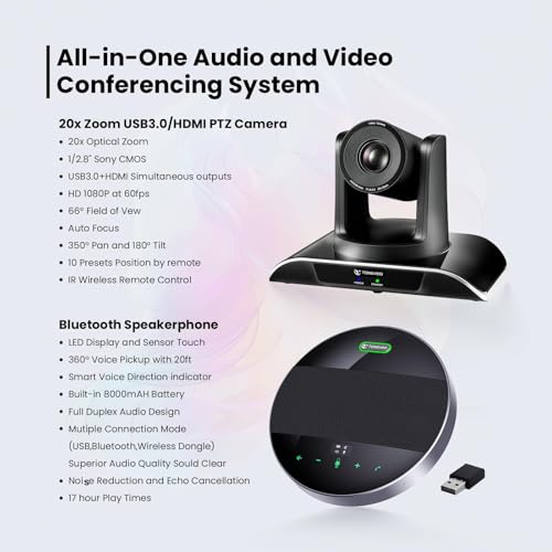 20x Zoom Conference Room Camera System TONGVEO All-in-1 Video and Audio Conferencing System 20X Optical Zoom USB3.0 HDMI PTZ Camera and Conference speaker with microphone Bundle for large Meeting Room - color: Ink