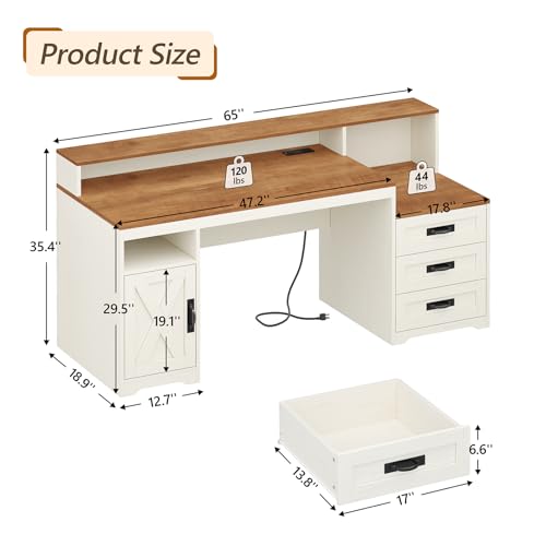 65" Farmhouse Computer Desk with Drawers and Printer Stand for Home Office - color: Brown and White
