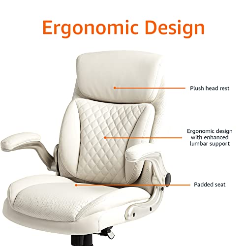 Amazon Basics Ergonomic Executive Office Desk Chair with Lumbar Support, Flip-up Armrests, Adjustable Height, Cream Leather - color: Cream