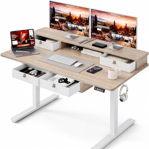 Grandder Electric Standing Desk with Four Drawers, Sit to Stand Up Height Adjustable Desk with Storage Shelf for Home Office, 55 * 28 Inch, Study, Ergonomic Adjustable Computer Desk, Maple - color: Maple With 4 Drawers, size: 55 Inch