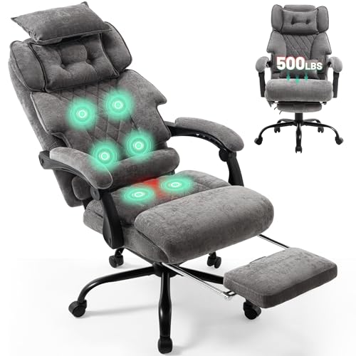 Massage Office Chair with Foot Rest,6 Points Vibration & Heat Executive Office Chairs for Heavy People,500LBS Big and Tall Office Chair,Ergonomic Reclining Desk Chair,Dual-Use Pillow,Grey - color: Grey, size: 6 Point Vibration