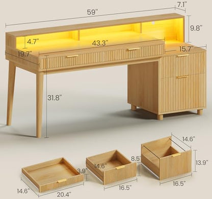 SEDETA 59" Computer Desk with 4 Storage Drawers, Fluted Wood Office Desk with File Drawer, LED Lights and Power Strip, Gaming Table Writing Desk for Home Office, Living Room, Bedroom, Oak - color: Oak