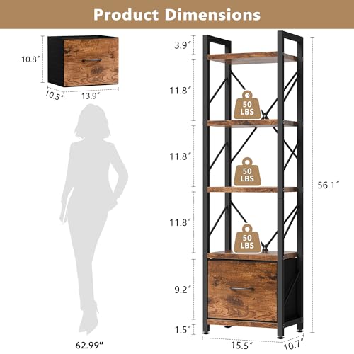 Shintenchi Bookshelf, 5 Tier Bookcase with Drawer, Modern Tall Bookshelves Storage Organizer, Industrial Book Shelves for Bedroom, Living Room, Office, Rustic Brown - size: 15.5'' W x 10.7'' D x 56.1'' H-1 Drawer