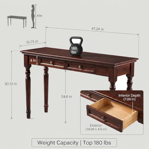 47" Narrow Solid Wood Writing Desk with Drawers, Walnut - color: Walnut, size: Narrow-47 inches