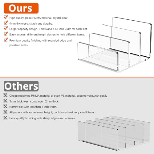 Richboom Acrylic File Sorter, 8.5"x6.3"x6.2", Upright File Organizer for Desk, Mail Organizer Countertop, File Holder for Letter, Document, Notebook, Clear, 3 Sections