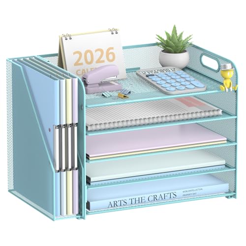 5-Tier Desk Organizer with File Holder, Paper Organizer for Desk, Blue | 5 Letter Trays and Vertical File Holder with Metal Mesh Frame for Papers Folders Books and Mail in Office Home or School - color: Blue