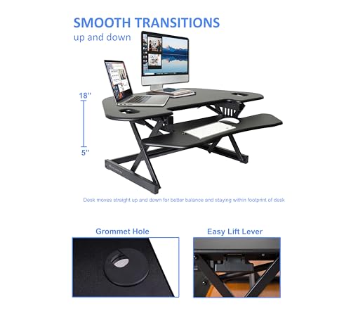Rocelco 46" Height Adjustable Corner Standing Desk Converter with Dual Monitor Arm Mount Bundle - Sit Stand Up Tabletop Computer Workstation Riser - Extra Large Keyboard Tray - Black (R CADRB-46-MA2) - color: Black, style: Riser + Premium Dual Mount