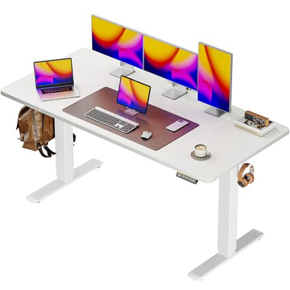 Huuger 55 x 28 Large Electric Standing Desk, Height Adjustable Copmuter Desk, 27.6" Deep Desktop, Stand up Gaming Office Table with 2 Hooks, 3 Preset Heights, for Home Office, White - color: White, size: 55*28 inch (no outlets)