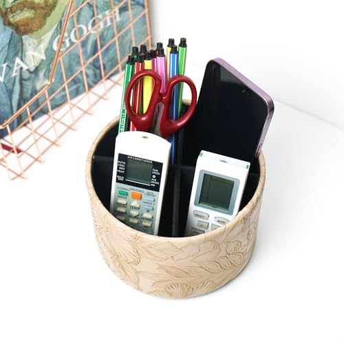 Round Leather Art Supply Organizer,Remote Control Holder,360 Degree Spinning,Multi-Functional Pencil Holder,4 Compartments Desktop Stationary Organizer(1-Carved Light Brown) - color: 1-Carved Light Brown