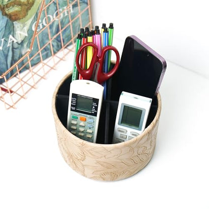 Round Leather Art Supply Organizer,Remote Control Holder,360 Degree Spinning,Multi-Functional Pencil Holder,4 Compartments Desktop Stationary Organizer(1-Carved Light Brown) - color: 1-Carved Light Brown