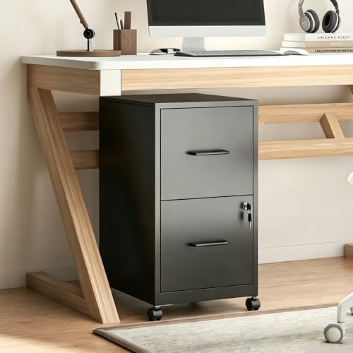SAWJEC 2 Drawer Metal File Cabinet with Lock, Black Mobile Filing Cabinet | 17.7"D x 15"W x 26.8"H, Black Mobile Locking File Cabinet, Assembly Required, Fits Letter Hanging Files - color: Black, size: 17.7"D x 15"W x 26.8"H