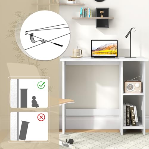 GOFLAME Small Computer Desk with Storage, Modern Writing Desk with Adjustable Shelf, Space Saving Laptop PC Desk with Anti-Toppling Kit, Wooden Study Desk for Home Office, White