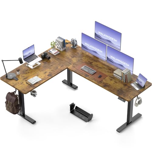 WALKINGDESK 75x61 Inches Reversible L Shaped Standing Desk Height Adjustable with Cup Holder, Electric Corner Computer Workstation for Home Office, Ergonomic Sit Stand up Gaming Desk, Rustic Brown - color: Rustic Brown, size: 75" with Cup Holder