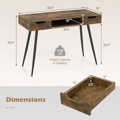 Tangkula Mid Century Modern Computer Desk | Writing Desk with 2 Drawers & Open Center Storage, Small Wooden Study Table for Home Office & Compact Spaces - color: Rustic Brown