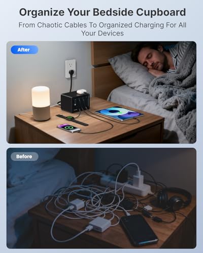2 Lightning, 2 Type-C Retractable Wall Chargers with 1 USB A Port and 1 Power Strip, 12-in-1 Desktop Charging Station