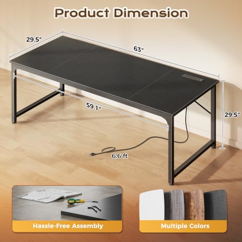 PRAISUN 63 X 30 Inch Extra Deep Desk with Power Outlets - color: Black, size: 63*29.5 inch