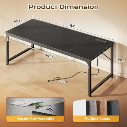 PRAISUN 63 X 30 Inch Extra Deep Desk with Power Outlets - color: Black, size: 63*29.5 inch