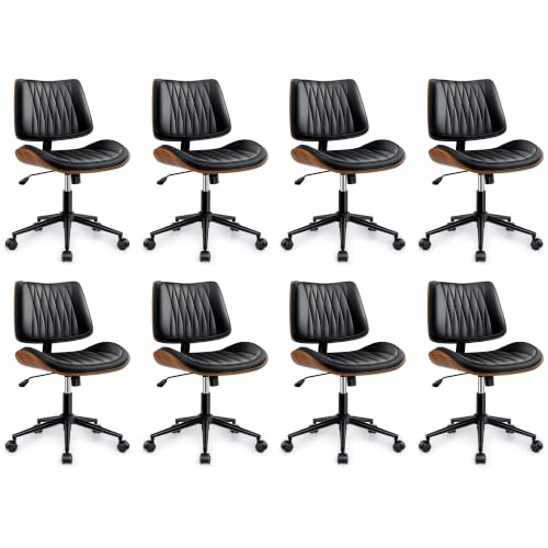 Ergonomic Armless Office Desk Chair - Mid-Century Modern Black Faux Leather with Diamond Stitch, Adjustable Height Swivel Rolling Task Computer Chair with Walnut Accent for Home Office, Study & Work - color: Black, size: 8 Pack