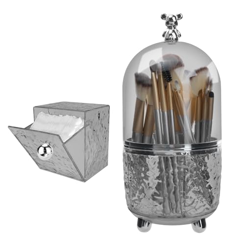 Makeup Brush Holder Organizer with Lid, 360°Rotating Dustproof Makeup Brushes Organizer, 4 Compartment Make Up Brushes Cup for Vanity Desktop Bathroom Countertop (Gray) - color: Gray