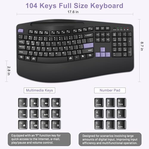 Wireless Keyboard and Mouse Combo, Full Size Ergonomic Wave Keys(Purple-B) - color: Purple Black