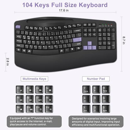 Wireless Keyboard and Mouse Combo, Full Size Ergonomic Wave Keys(Purple-B) - color: Purple Black