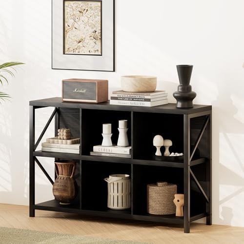 6 Cube Storage Organizer Bookshelf, Industrial Horizontal Bookcase, Accent Cubby Shelf, Media Console Table for Living Room, Home Office, 13.6" D x 47.2" W x 30.9" H, Black - color: Black, size: 6 Cube- 2 Tier