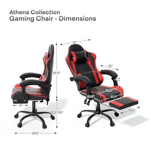 Athena Collection Ergonomic Gaming Chair for Adults, Red | Height Adjustable Office Chair Computer Desk Chair with Footrest & Headrest Lumbar Support for Office & Home, 350lbs - color: Red