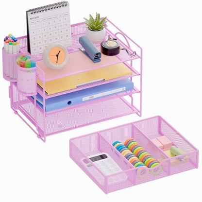 Marbrasse Desk Organizer, 4-Tier Paper File Letter Tray, Purple | Sturdy Paper Tray, File Holder, Built-in Drawer, 2 Pen Slots, fits Letters/Files, for School Home Office Supplies - color: Purple with Pen Holder