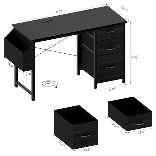 47.3" Office Desk with Power Outlet & 3 Drawers - Sturdy Reversible Frame, Side Pocket, Easy Assembly - Home/Office Computer Desk, Gaming Table, Vanity Table (Black + MDF+Metal + Modern) - color: Black + Mdf+metal + Modern