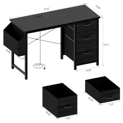 47.3" Office Desk with Power Outlet & 3 Drawers - Sturdy Reversible Frame, Side Pocket, Easy Assembly - Home/Office Computer Desk, Gaming Table, Vanity Table (Black + MDF+Metal + Modern) - color: Black + Mdf+metal + Modern