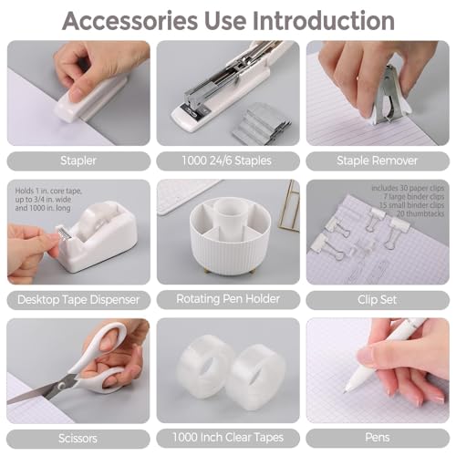SKYDUE White Office Supplies Set, Office Desk Accessories 10PCS, Pencil Holder for Desk, Stapler, Tape Dispenser, Scissors, Ruler, Binder/Paper Clips and 1000pcs Staples,Desk Supplies Set - color: White