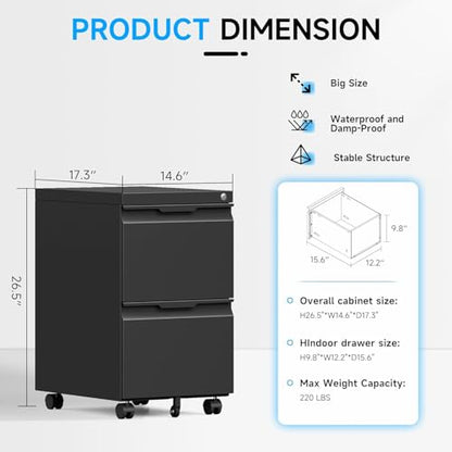 2 Drawer Mobile File Cabinet with Lock, Rolling File Cabinet with Wheels - color: Black, size: 2 Drawer