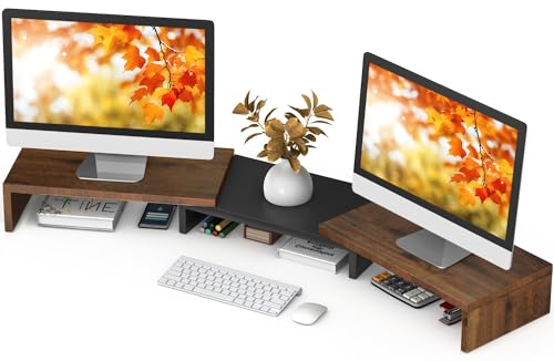 TAVR Dual Monitor Stand Riser, Wooden Computer Monitor Stand for 2 Monitors - color: Rustic Brown