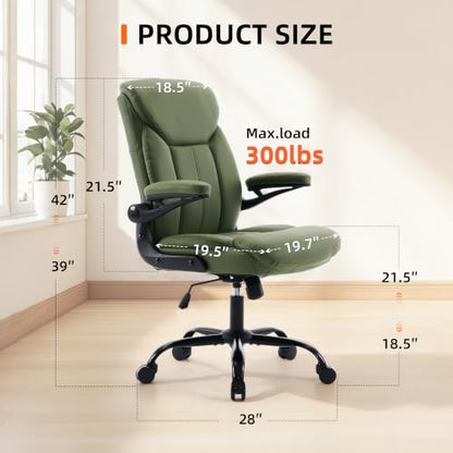 Ergonomic Home Office Chair PU Leather Comfy Computer Chair, Green | Flip-up Armrest, Height Adjustable, Lumbar Support, 360° Swivel Wheels Managerial Executive Chairs for Work Gaming Home Use - color: Green