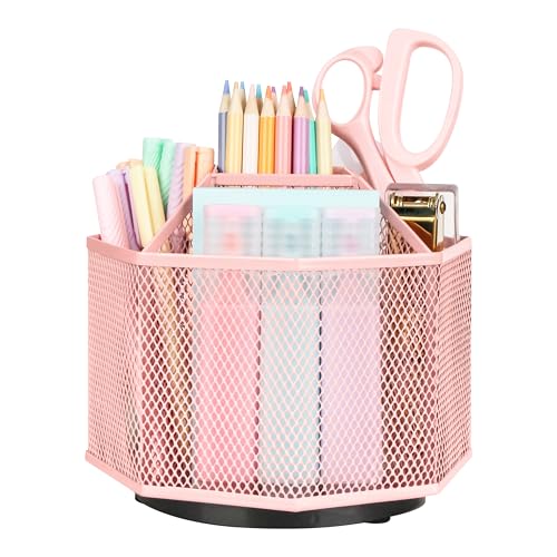 Exerz Desk Organizer 360 Rotating Pen Holder Storage Caddy Light Pink | Smooth Spinning Base with Open Mesh Sections Easy Access to Pens Brushes Scissors Daily Desk Tools - color: Light Pink
